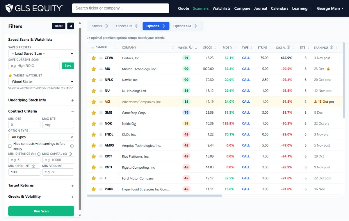 The Options scanner with premium, return and capital columns